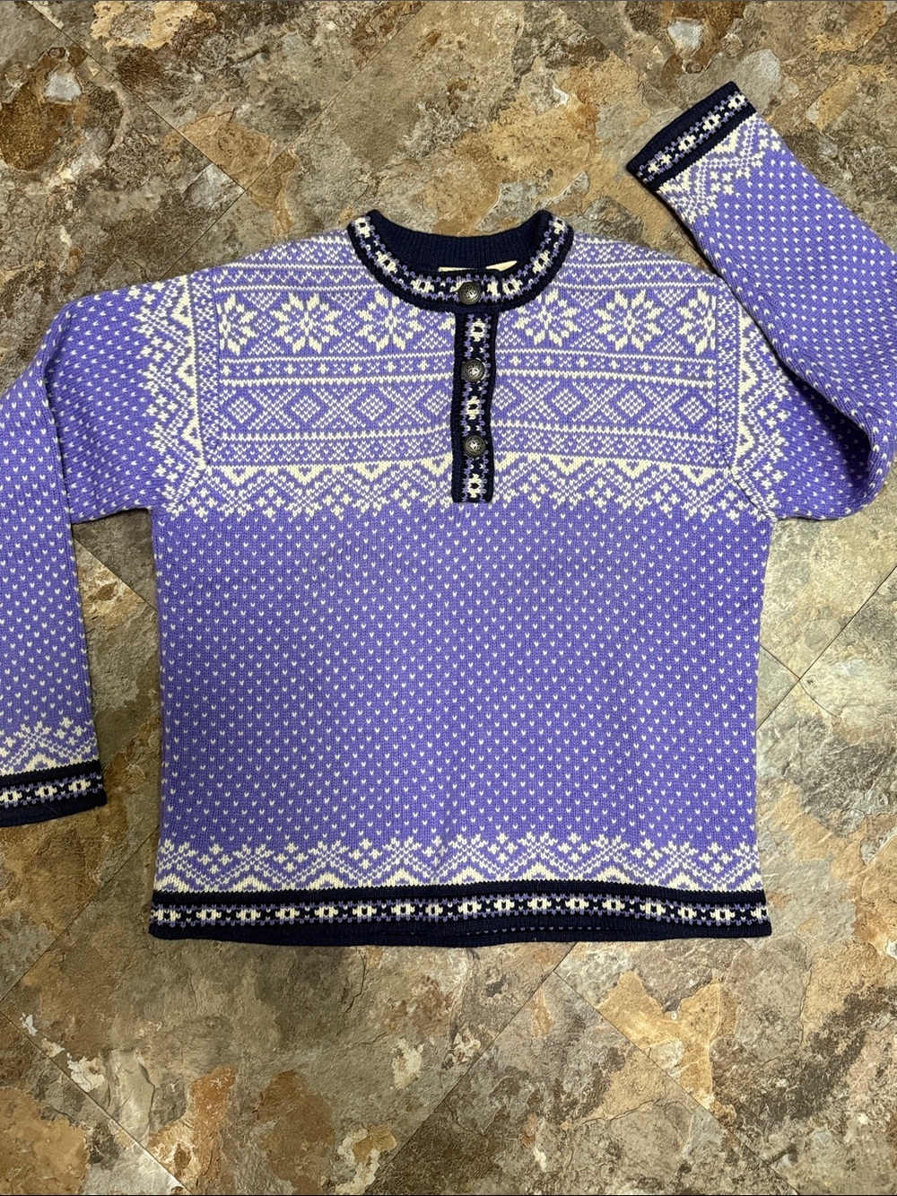 L.L. Bean Lavender Fair Isle Crewneck Sweater with Navy Trim